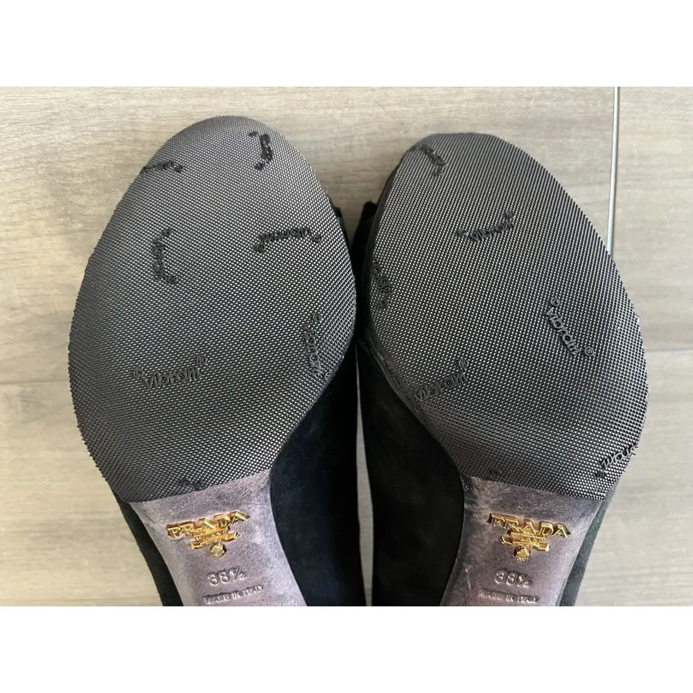 Prada Black Suede Open Toe Bow Pump All new Vibram Soles & Heel Taps Size 38-1/2 - Picture 7 of 12